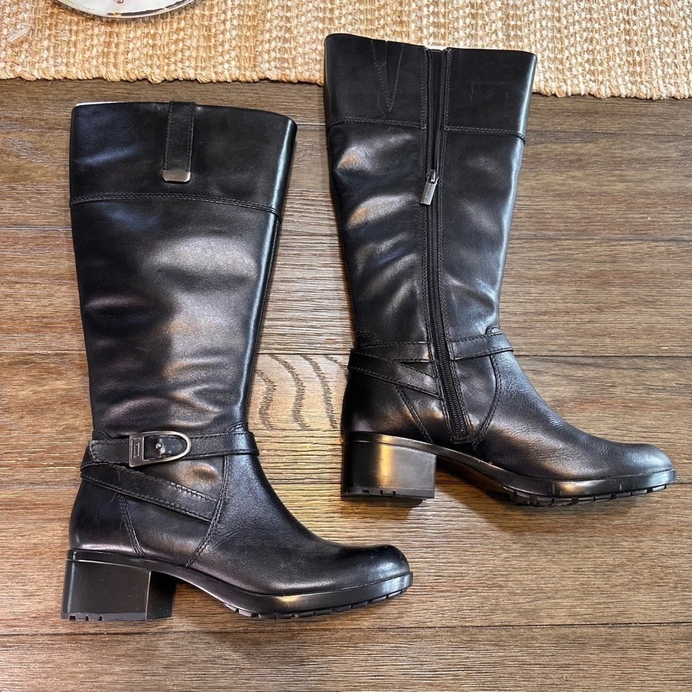 Bandolino Black Baya Leather Knee High Tall Riding Boots Size 6.5M Block Heel